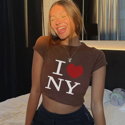 Y2K Summer New Round Neck Short sleeved Letter Printed Open Navel European and American Women’s Top T-shirt
