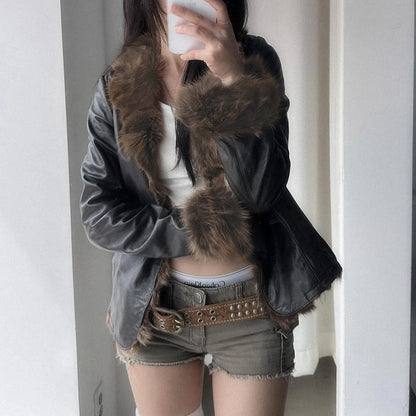 Faux Leather Fur Turndown Collar Jacket Korean Stylish Winter Cardigan Coat Punk Vintage 90s Women Outwear Chic Fall
