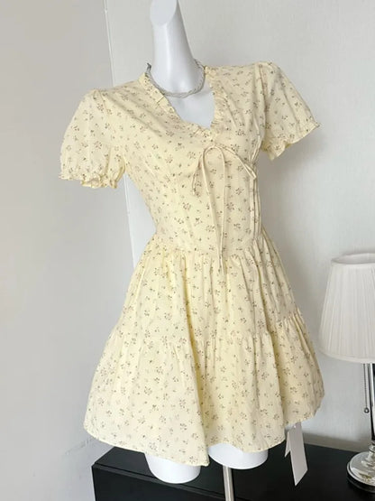 French Floral Printed Short Dresses for Women Y2K V-neck High Waist Birthday Party Dress Korean Chic Prom A-line Summer Vestidos