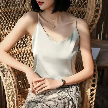 Sexy Strap Crop Top Fashion Silky Camisole Women’s Inner With White Bottoming Satin Top Summer V-neck Thin Section Y2K Camisole