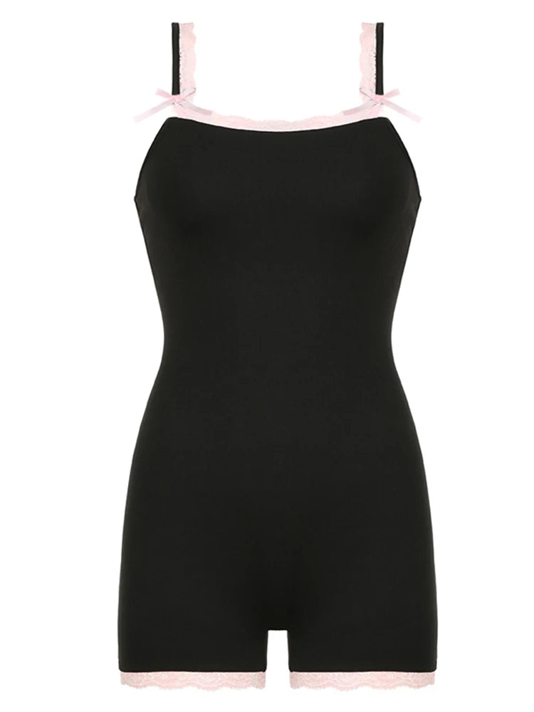 Contrast Lace Patchwork Square Collar Skinny Sexy Straps Rompers Womens Playsuits Sweet Cute Y2K Clothing