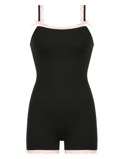 Contrast Lace Patchwork Square Collar Skinny Sexy Straps Rompers Womens Playsuits Sweet Cute Y2K Clothing