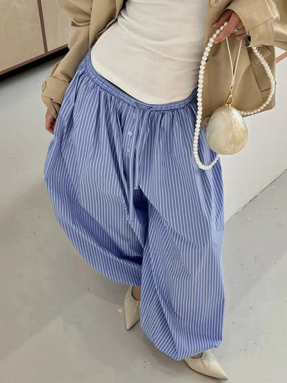 Streetwear Blue Striped Print Casual Pants Elastic Low Rise Loose Trousers y2k Aesthetic Korean Style Hippie Trousers