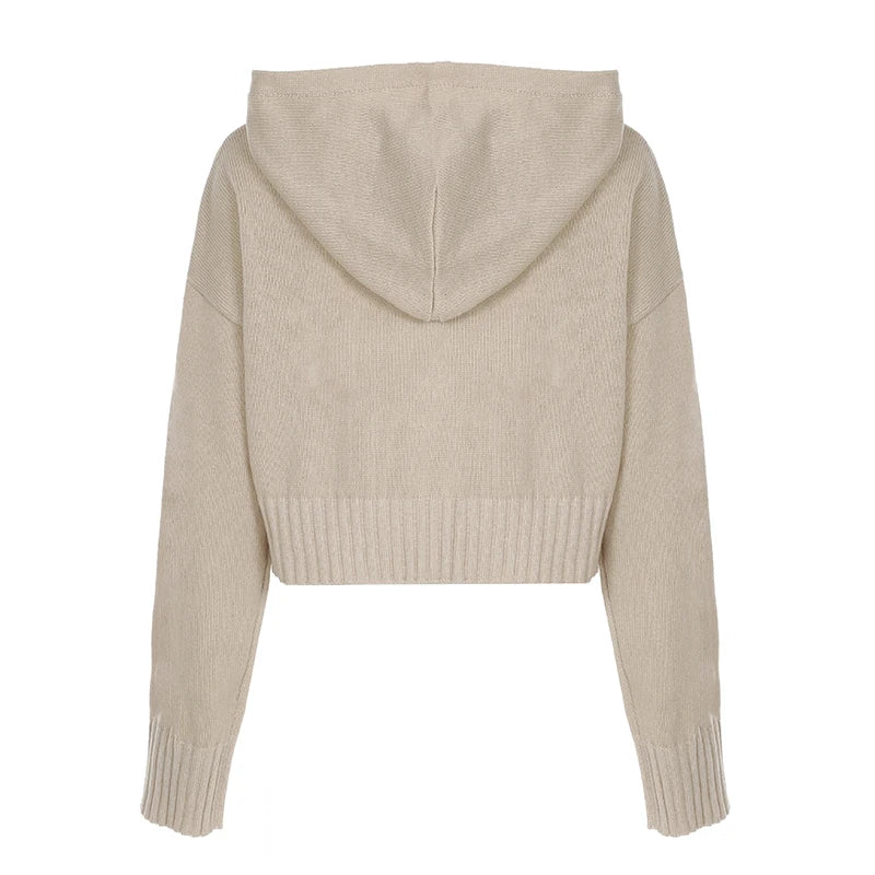Solid Knitter Women¡¯s Sweater Cardigan Zip Up Hooded Long Sleeve Retro Simple Harajuku Cropped Coat Casual Fashion