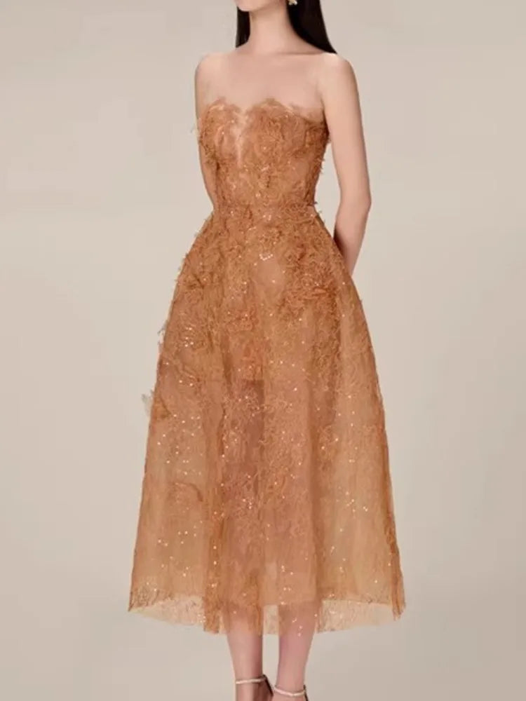 Korean Style 3D Flower Sequin Lace Strapless Dress Elegant Multi-color Mesh Long Dresses Women 2025 New Spring Summer A7877