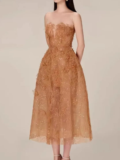 Korean Style 3D Flower Sequin Lace Strapless Dress Elegant Multi-color Mesh Long Dresses Women 2025 New Spring Summer A7877