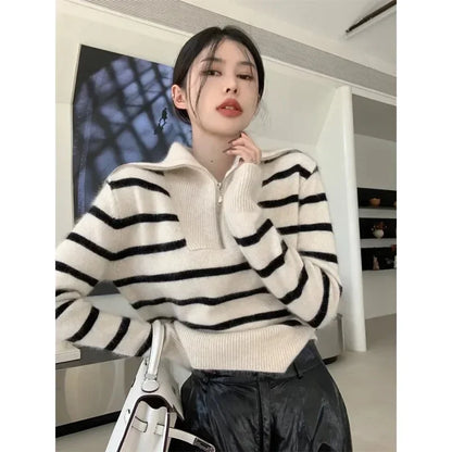 Women’s Autumn Winter New Fashion Retro Lapel Half Zipper Contrasting Stripes Sweater Casual Long Sleeved Loose Knitted Coat