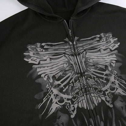 Dark personality printed hoodie female American  new black hooded zipper coat loose casual top