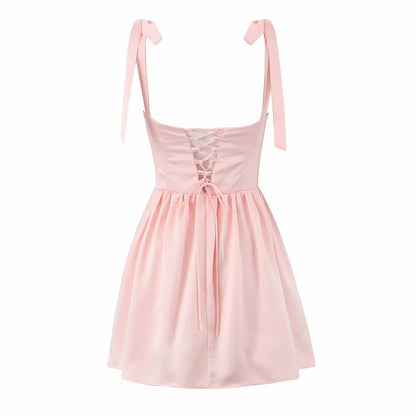 2025 Pleated Design Tie-up Sleeveless Summer Dresses Women Solid Color Slim Fit Mini Dress Simple Fashion Party Dress