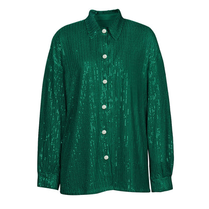 Turn-down Collar Long Sleeve FeY2k Shirts Dresses Glitter Sequins Party Shirt Dress Streetwear Clothes