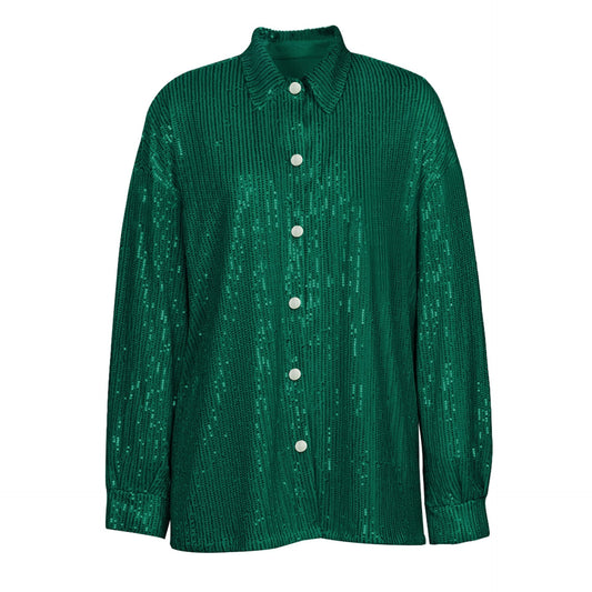 Turn-down Collar Long Sleeve FeY2k Shirts Dresses Glitter Sequins Party Shirt Dress Streetwear Clothes