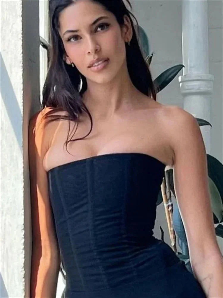 Mesh Backless Vest FeElegant Luxury Patchwork Strapless Solid Slim Streetwear Inner Y2k Tank Top Women's