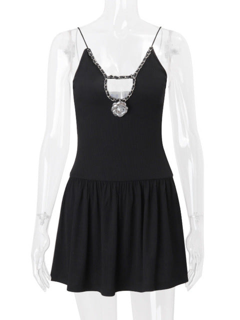Deep V Neck Flower Sexy Mini Dress For Women Black New Spaghetti Strap Slim Fit Sleeveless Club Party Elegant Dress