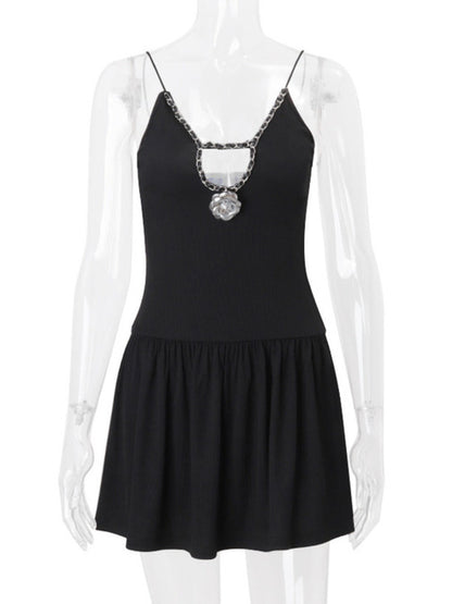 Deep V Neck Flower Sexy Mini Dress For Women Black New Spaghetti Strap Slim Fit Sleeveless Club Party Elegant Dress