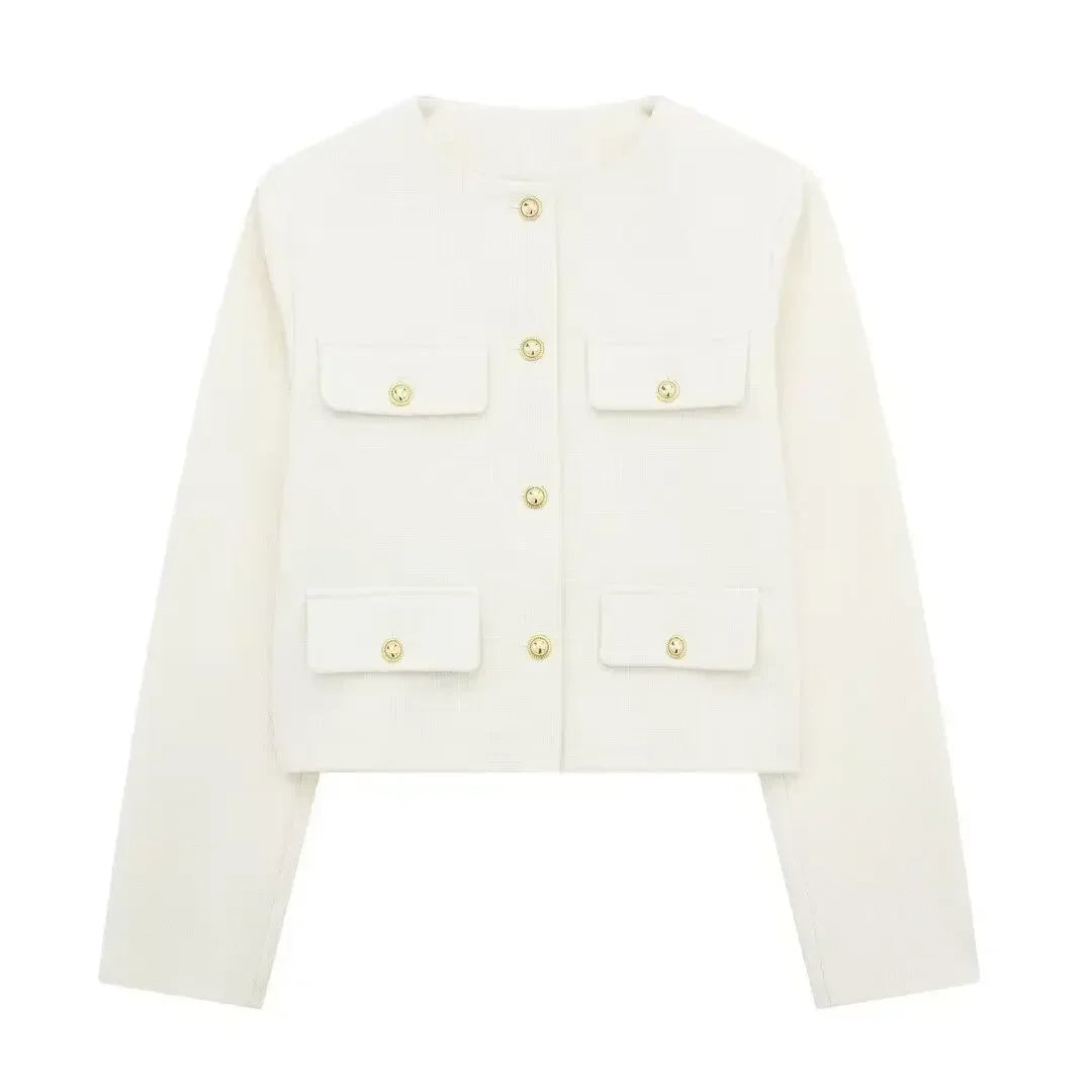 Elegant Solid Button Fake Pocket Jacket Women's Fashion O-neck Long Sleeve Single Breasted Cropped Coats New Lady Chic Outerwear