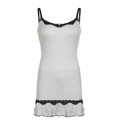 Voguable Coquette Polka Dot Print Spaghetti Strap Dress y2k Contrast Lace Stitching Bodycon Mini Sundress Holiday Party