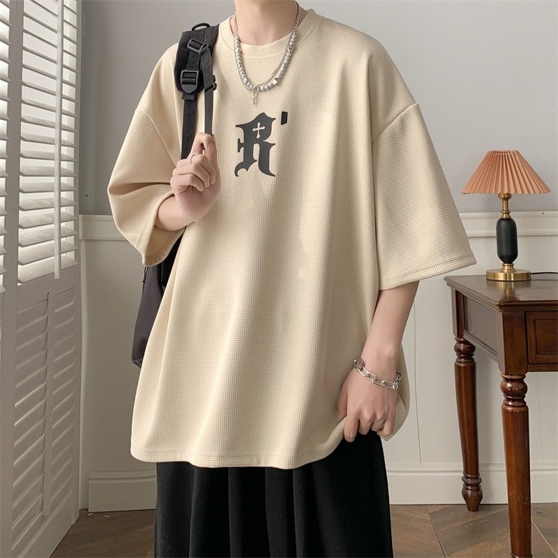 Waffle Letter Print T-shirts Urban Style  Half-sleeved Light Thin Breathable Y2k Unisex O-neck Tops Tee