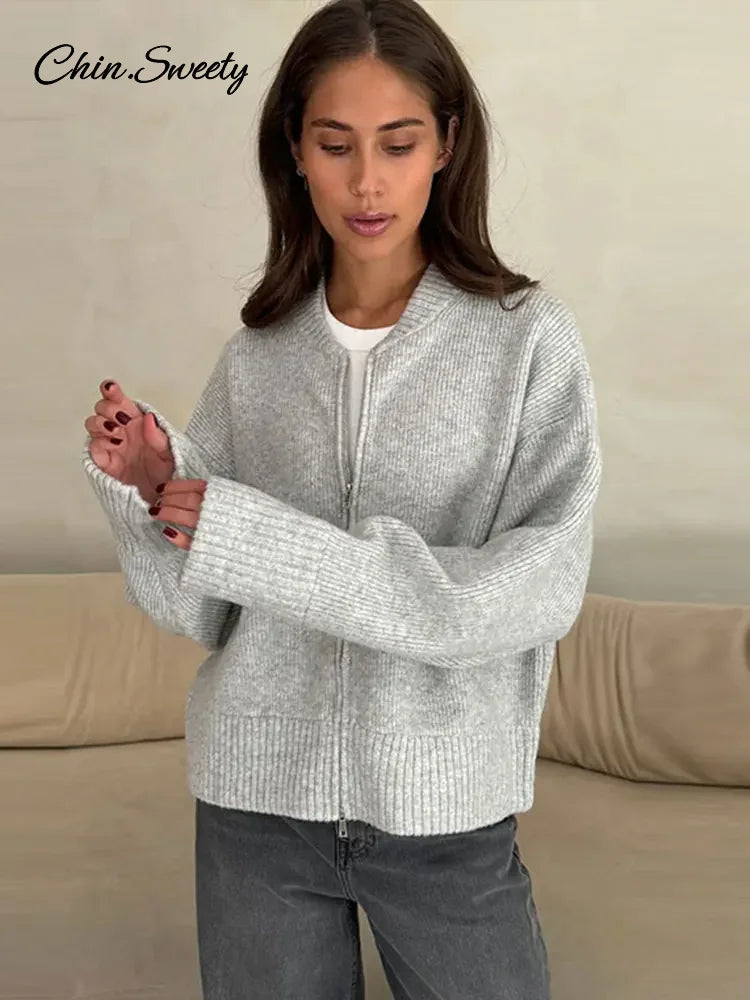 Vintage Knit Zipper Cardigan For Women Solid Loose O Neck Long Sleeve Sweater Top Female  Fall Winter All-matching Knitwear