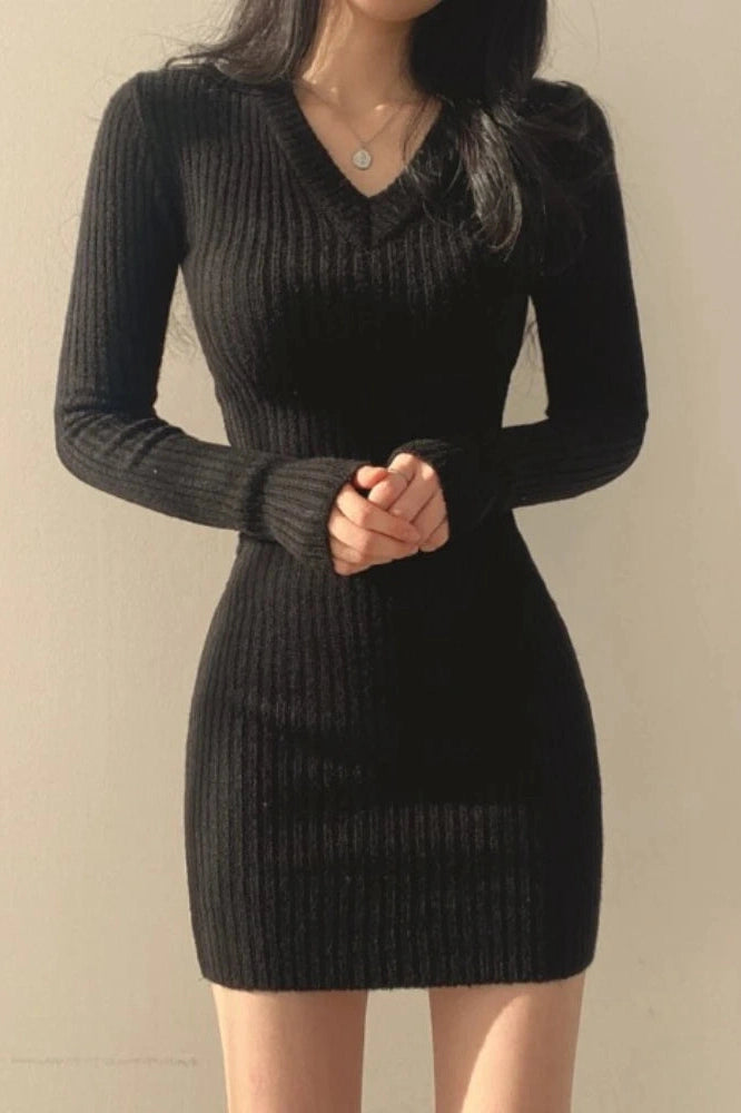 V-Neck Slim Bodycon Mini Dress with Long Sleeves