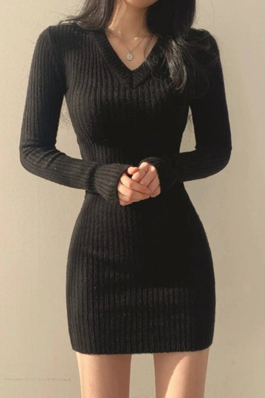 V-Neck Slim Bodycon Mini Dress with Long Sleeves