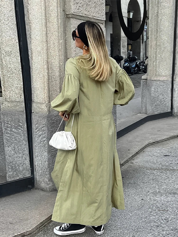Casual Street Lace Up Long Dresses Women New Chic Loose V-neck Side Slit Solid Dress Female Summer Versatiel Street Party Robes