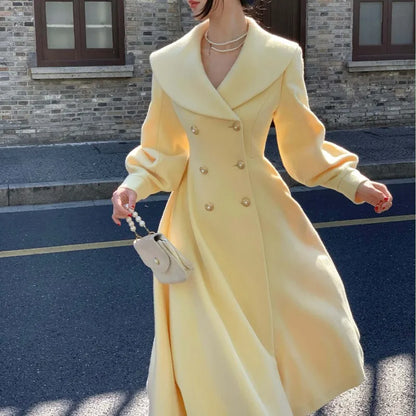 Fashion Women’s Long Coats Winter New Outerwear Lapel Double Breasted Lantern Sleeve Solid Vintage Chic Woolen Overcoats