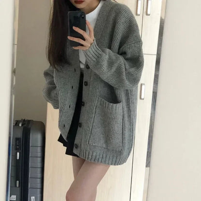 Women Sweater Cardigans Coats Autumn Winter Fashion Female Long Sleeve V-neck Loose Knitted Jackets Casual Cardigan Sweaters