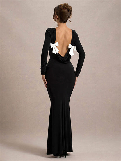 Black Tee Bow Backless Long Dress Women’s Fashion High Waist Luxury Elegant Party Dress Gown Female Autumn Maxi Dress