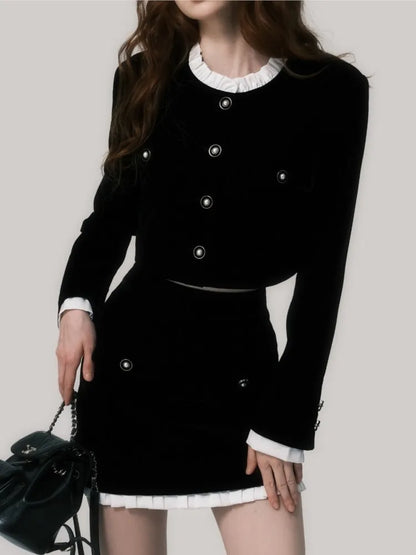 Elegant Black Velvet Two-piece Skirt Sets Long Sleeve Cropped Top Bodycon Mini Skirt Ruffles Korean Fashion Autumn Spring Outfit