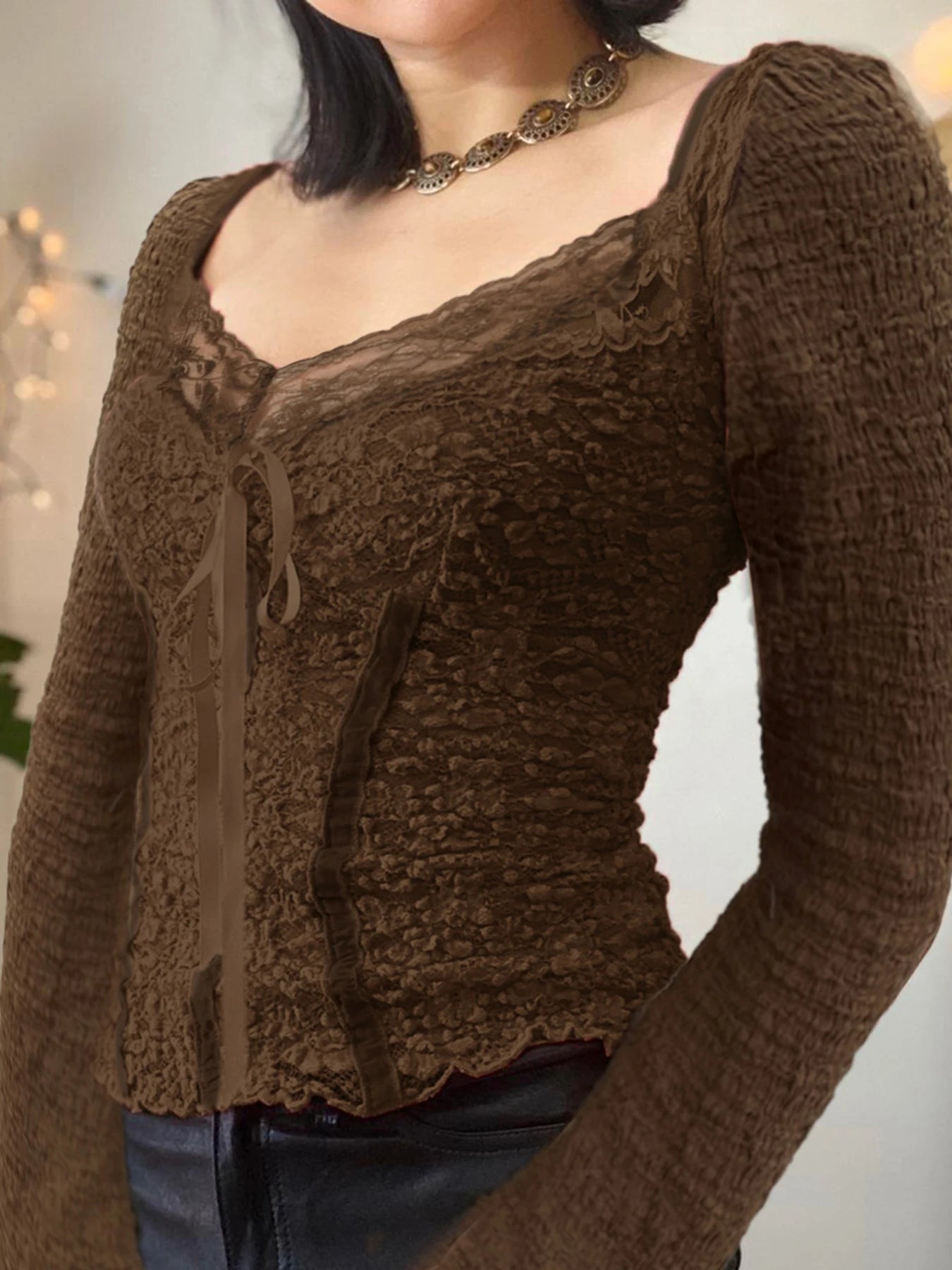 Hotsweet Lace Trim V-Neck Brown Long Sleeve Blouses Bow Lace Up Flared Sleeve Slim Chic Y2k Autumn New T-Shirt
