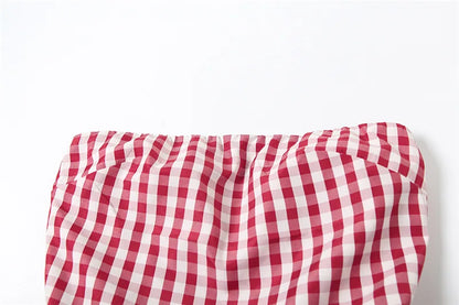 Spring Summer Plaid Tops for Women Streetwear Strapless Off Shoulder Backless Ruched Red T-shirt Girls Sleeveless Tees Top