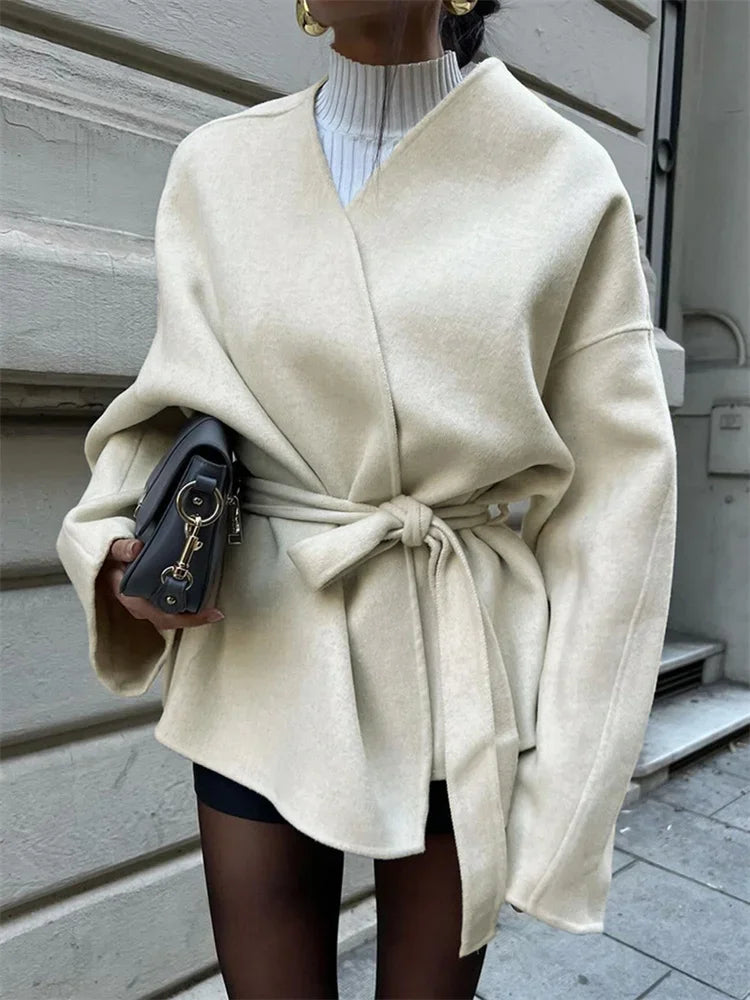 Lace-Up White V-Neck Overcoat Female Loose High Street Long Sleeve Autumn  Patchwork Coat Women&#8217;s Bandage Outwear New