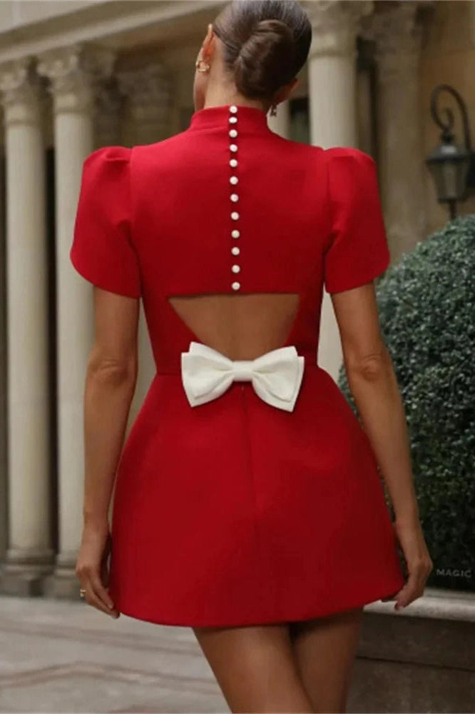 Short Sleeve Hollow Out Mini Dress with High Waist Patchwork