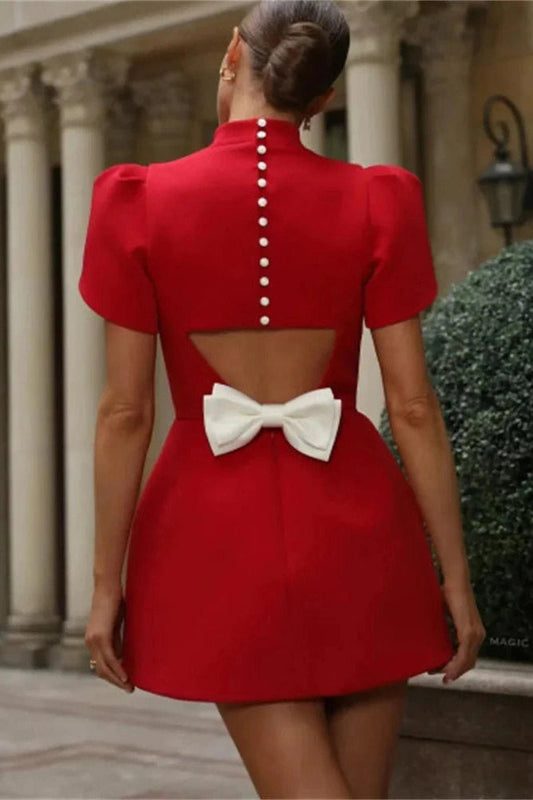 Short Sleeve Hollow Out Mini Dress with High Waist Patchwork