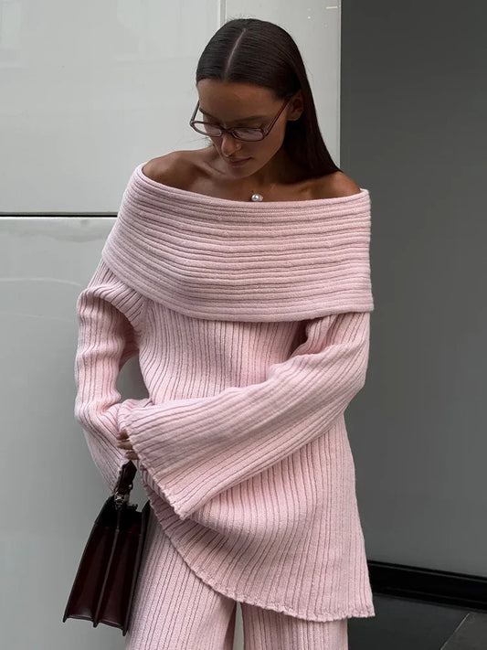 Elegant One-Shoulder Knitted Dress For Women Loose Sexy Rib knit Sweater Autumn Winter Midi Dresses Female Long Sleeve