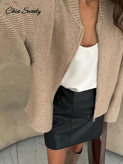 Vintage Knit Zipper Cardigan For Women Solid Loose O Neck Long Sleeve Sweater Top Female  Fall Winter All-matching Knitwear
