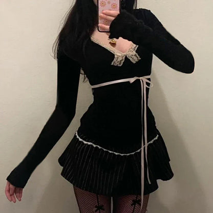 Voguable  Y2K Contrast Color Lace Patchwork Top Ribbon Lace-up Bow Coquette T-shirts Cute Causal Basics Tees