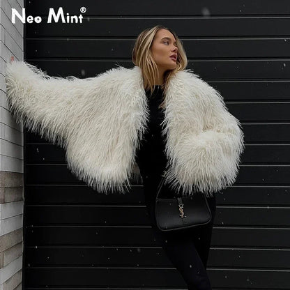 Winter Tassels Faux Fur Coat for Women Stylish Chic Fluffy Fur Jacket Furry Fox Fur Overcoat Girl Shaggy Outerwear