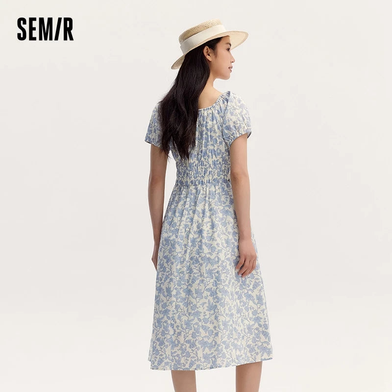 Dress Women Gentle And Elegant  Summer New French-Style Square Collar Waist Cinched Mid-Length Fresh