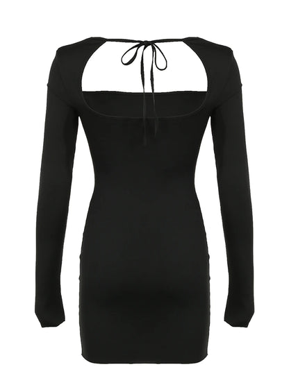 Backless Lace-Up Slim Sexy Black Short Dress Women Square Collar Solid Split Elegant Basic Long Sleeve Baddie Clubwear