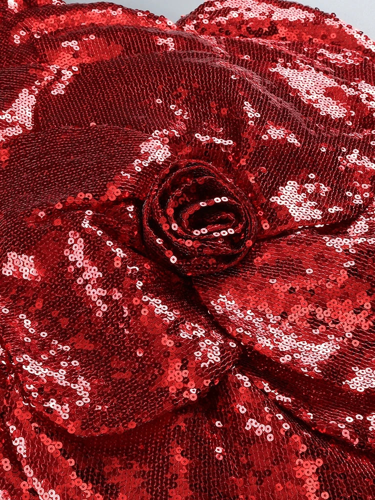 Odalys One Shoulder Red Sequin Mini Dress with 3D Flowers