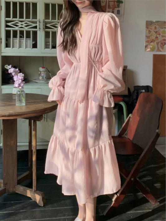 Elegant Autumn Midi Dresses for Women V-neck Flare Sleeves A-line Solid Korean Fashion Casual French Vintage Vestidos Mujer New