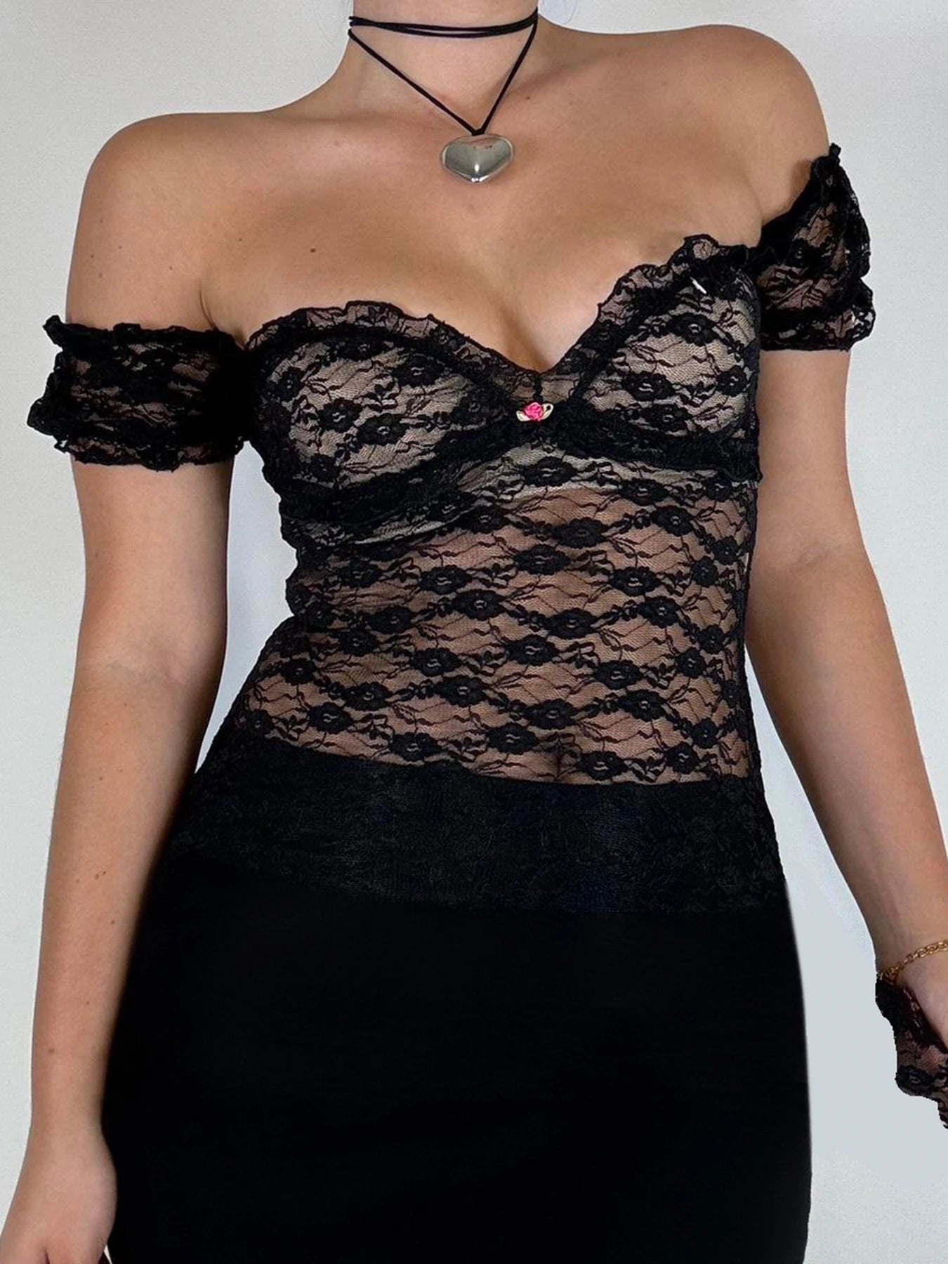 See Through Slim Sexy Black Square Collar Lace T Shirts Women Pink Solid Flower Short Sleeve Sweet Balletcore Y2K Tops