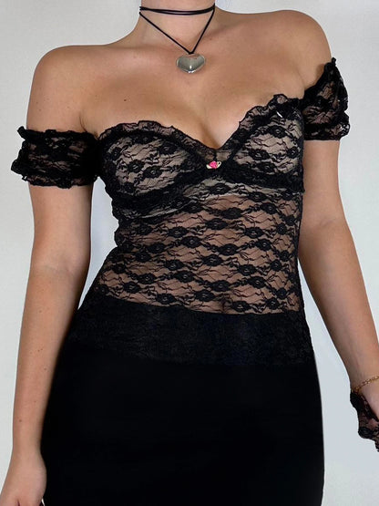 See Through Slim Sexy Black Square Collar Lace T Shirts Women Pink Solid Flower Short Sleeve Sweet Balletcore Y2K Tops