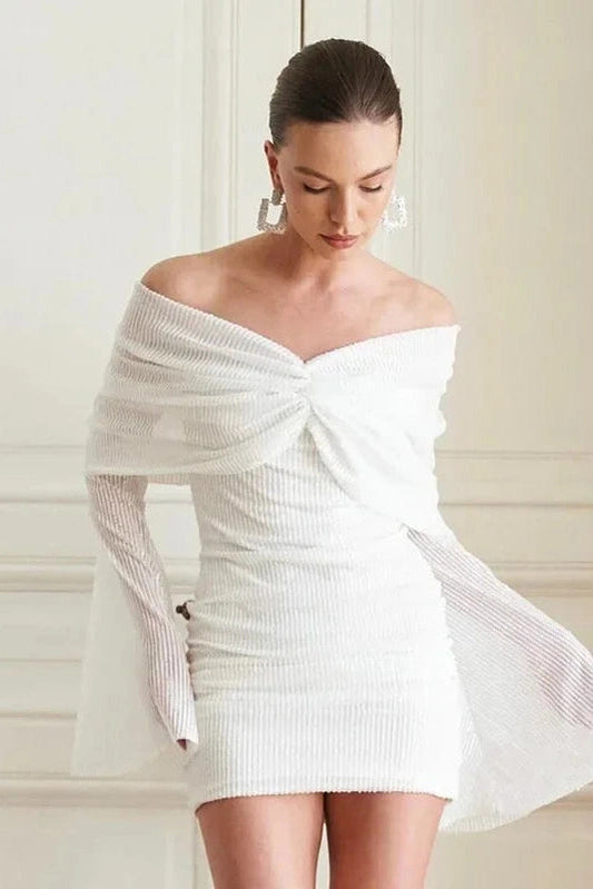 Pleated Long Sleeve Strapless Mini Dress with Patchwork