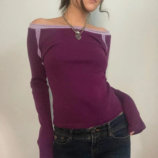 Indie Cute 00s Vintage Purple T Shirt Y2K Knit Ribbed Long Sleeve Tops Chic Women Fairycore Grunge Aesthetic Tees Korean Fashion