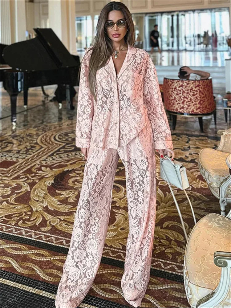 Lace Hollow Out Printed 2 Piece-Set Trousers Female See-Through Sexy See-Through Shirts And Fashion Women&#8217;s Pants Outfits