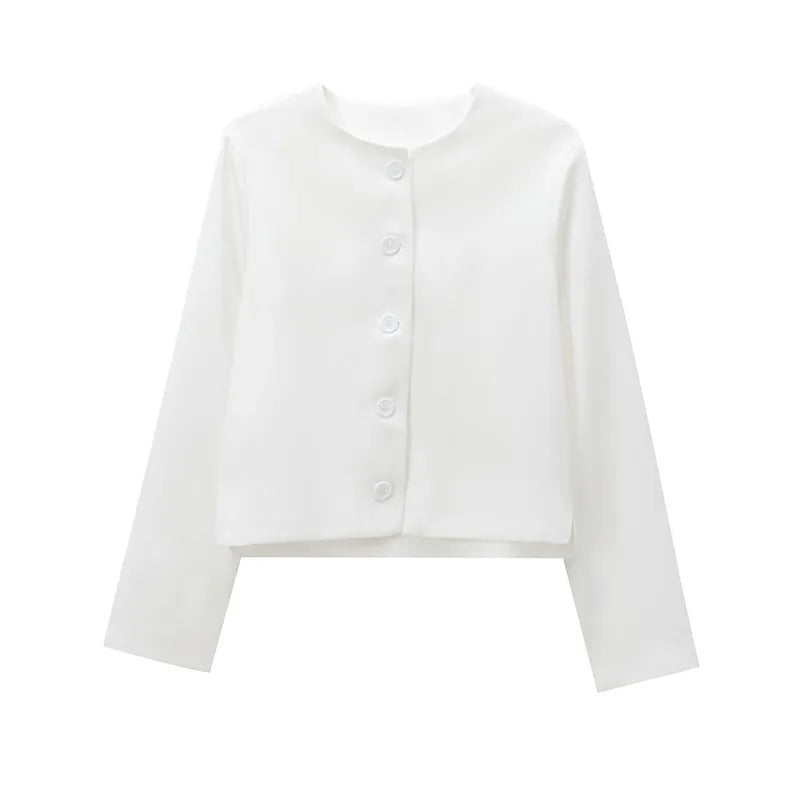 Elegant Slim Fit Women's Jacket Round Neck Single Breasted Long Sleeve Short Jackets Fashion Solid Color Casual Coat Outerwears