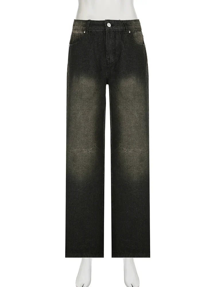 Streetwear Women'S Jeans Harajuku Cargo Pants Y2K Casual Denim Distressed Straight Wide Leg Trousers Female Korean 2024