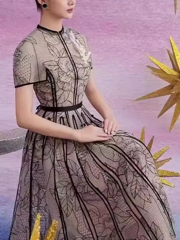 Vintage Party Dress Fashion O Neck Short Sleeve Lace Mesh Embroidery Elegant Long Dresses For Women 2025 Spring Summer 8980